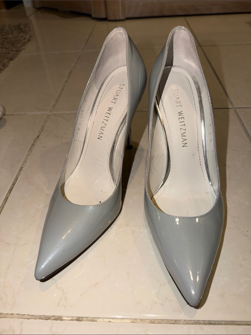 Stuart Weitzman Pale Gray Patent Leather Pointed-Toe Pumps